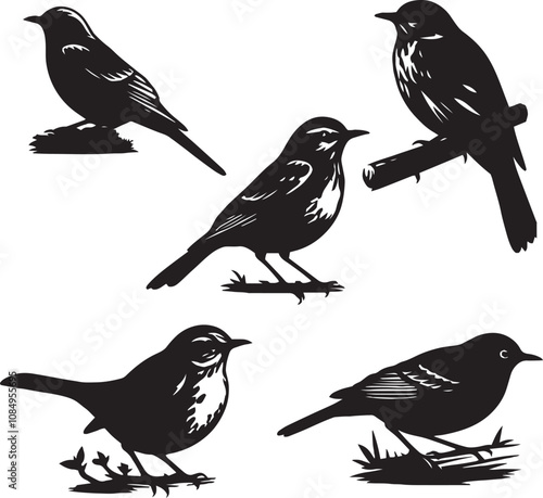 song thrush sitting poses, illustration , black and White silhouette set  
