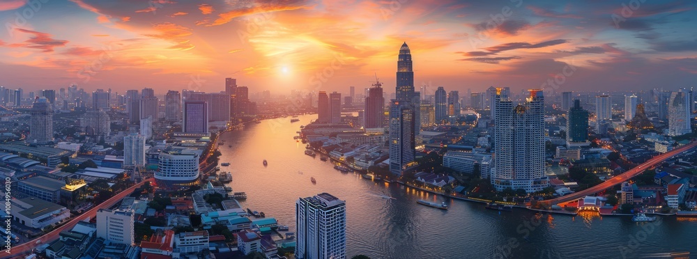Naklejka premium Bangkok Skyline Sunset Panorama: A Breathtaking Aerial View of Chao Phraya River and Cityscape at Dusk