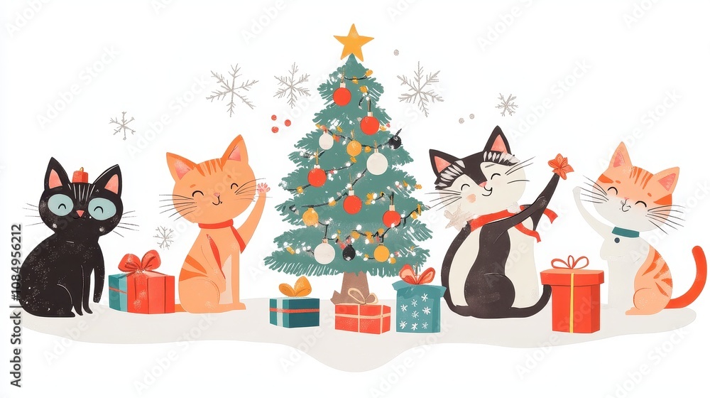 Fototapeta premium Joyful Cartoon Cats Celebrating Around a Colorful Holiday Tree with Presents, Perfect for Festive Season Themes and Cheerful Decorations