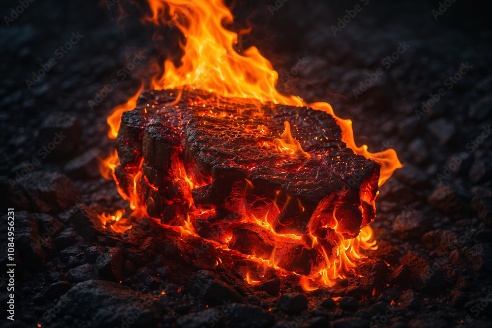 Fototapeta premium Juicy beef steak searing on textured volcanic rock, charred edges glowing in soft, exclusive lighting