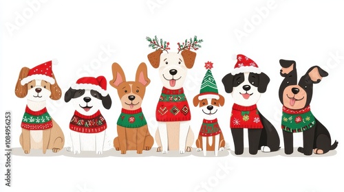 Festive Cartoon Dogs in Christmas Sweaters Spreading Holiday Cheer with Colorful Accessories and Joyful Expressions, Perfect for Seasonal Celebration Themes
