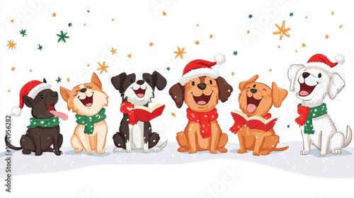 A Joyful Group of Cartoon Dogs Singing Festive Christmas Carols in Santa Hats, Surrounded by Snowflakes and Holiday Cheer