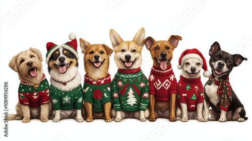 A Cheerful Group of Cartoon Dogs Wearing Festive Christmas Sweaters Gather Together for a Joyful Holiday Celebration