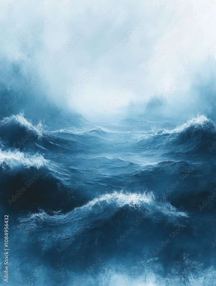 Obraz premium A painting of a large body of water with waves crashing against the shore