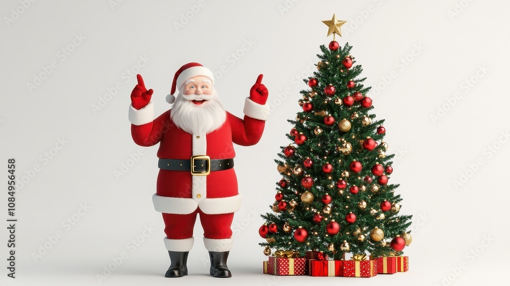 Cheerful Santa Claus Standing Beside a Decorated Christmas Tree Filled with Ornaments, Presents, and a Star on Top for Holiday Celebration Cheerful Santa Claus Standing Beside a Decorated Christmas Tree Filled with Ornaments, Presents, and a Star on Top for Holiday Celebration