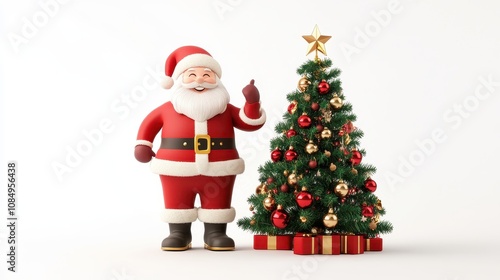 Cheerful Santa Claus Joyfully Standing Next to a Decorated Christmas Tree with Ornaments and Gifts, Perfect for Holiday Celebrations and Festive Decorations