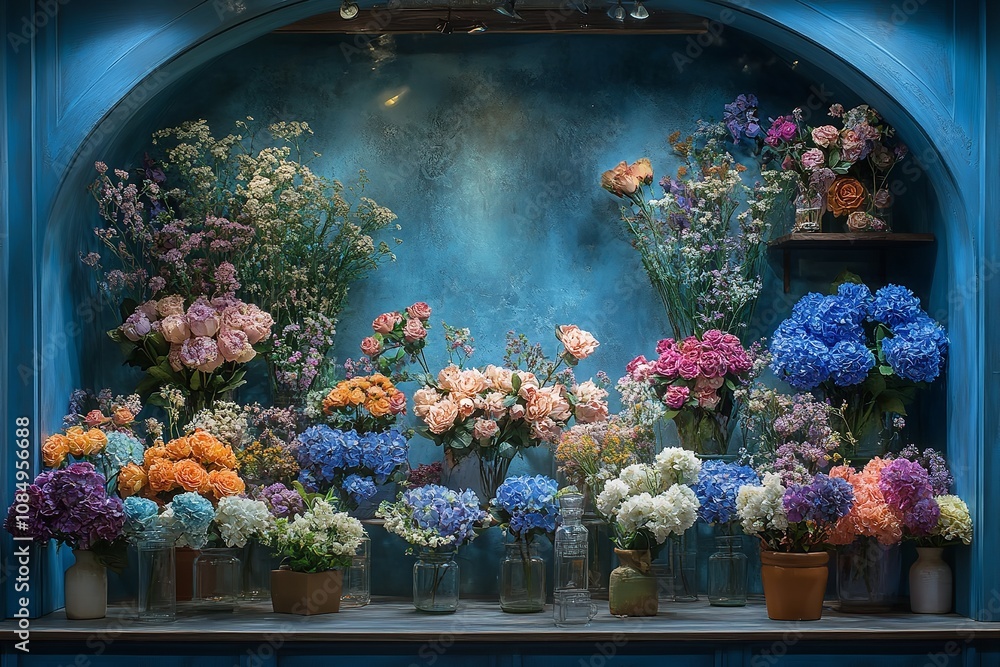 Fototapeta premium Window of a romantic blue flower shop with arched. Generative Ai