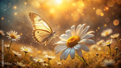 Luminous Butterfly on Daisy in Dreamy Golden Backdrop, Capturing Nature's Elegance in Soft Sunlight - Vintage Style Photography