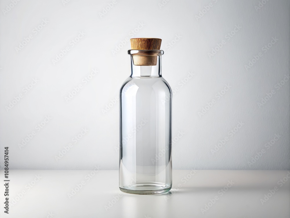 Minimalist Clear Glass Bottle with Wooden Stopper on a Plain White Background – Perfect for Product Photography, Branding, and Modern Aesthetic Designs Minimalist Clear Glass Bottle with Wooden Stopper on a Plain White Background – Perfect for Product Photography, Branding, and Modern Aesthetic Designs