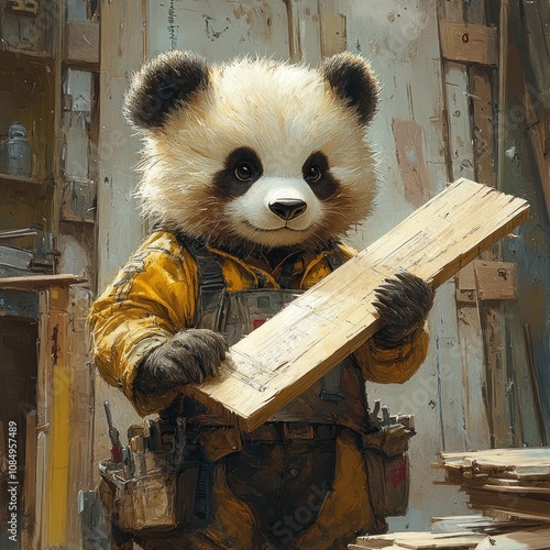 Adorable panda carpenter holding wood.