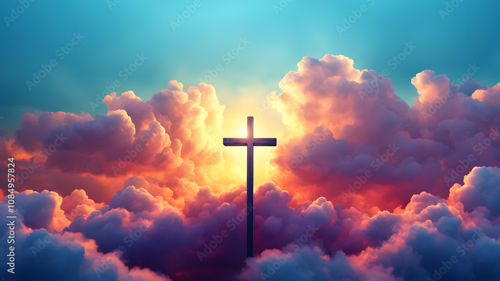 A cross is in the sky above a cloudy sky A cross is in the sky above a cloudy sky
