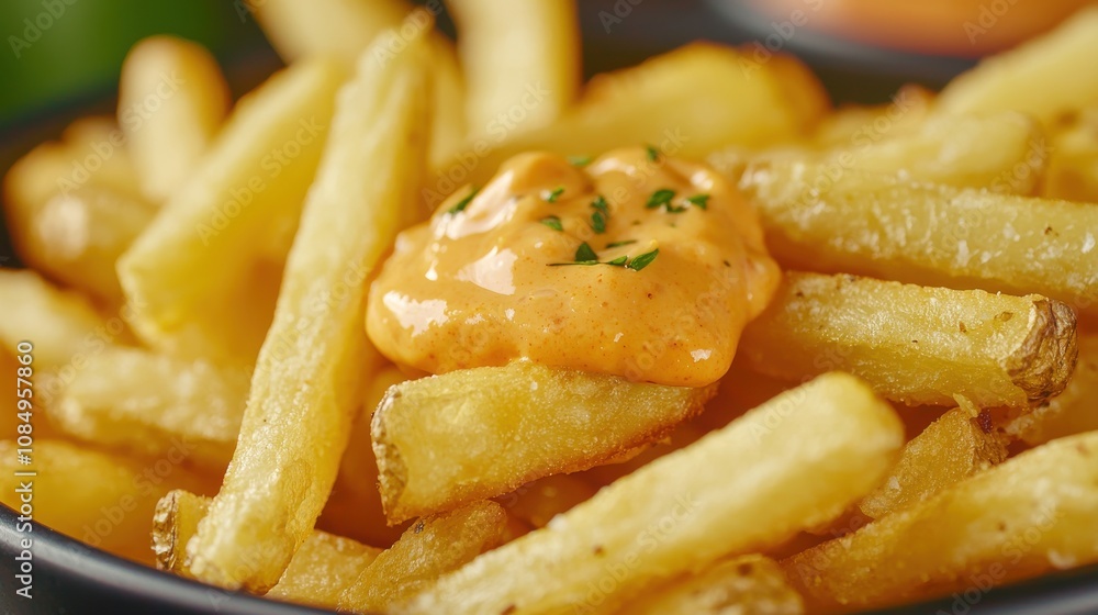 Cinematic closeup of crispy golden fries with dipping sauce in a cozy restaurant setting Cinematic closeup of crispy golden fries with dipping sauce in a cozy restaurant setting