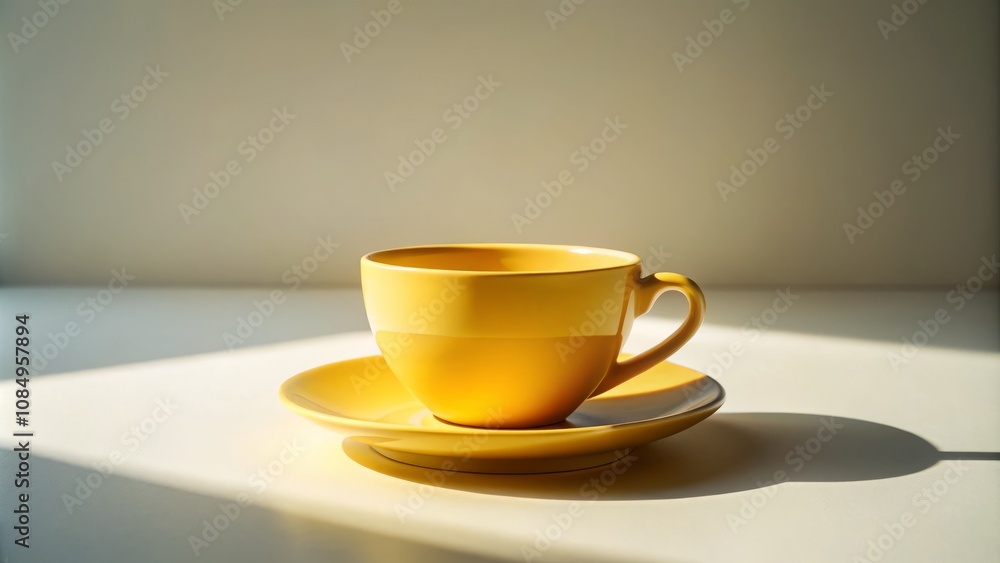 Minimalist Yellow Cup and Saucer Set on a White Surface in Low Light, Showcasing Elegant Simplicity and Subtle Textures for Modern Home Decor Photography Minimalist Yellow Cup and Saucer Set on a White Surface in Low Light, Showcasing Elegant Simplicity and Subtle Textures for Modern Home Decor Photography