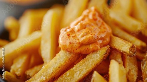 Cinematic closeup of crispy golden fries with spicy sauce restaurant kitchen food photography warm lighting delicious concept