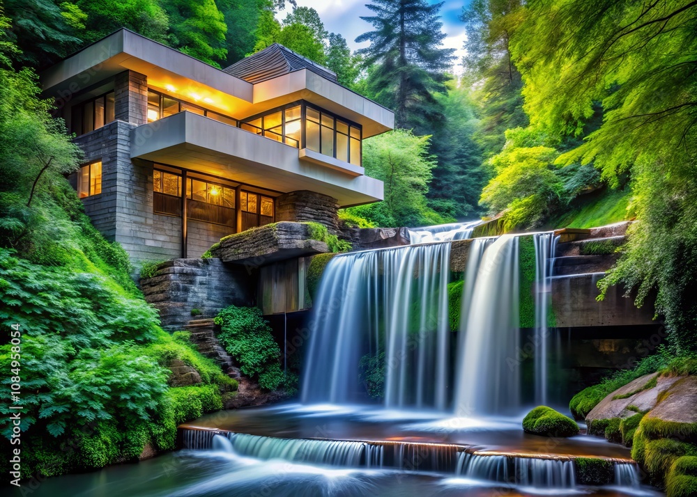 Modern Architectural Marvel Embraced by Lush Greenery and Cascading Waterfalls in a Serene Natural Landscape, Showcasing the Harmony of Design and Nature's Beauty