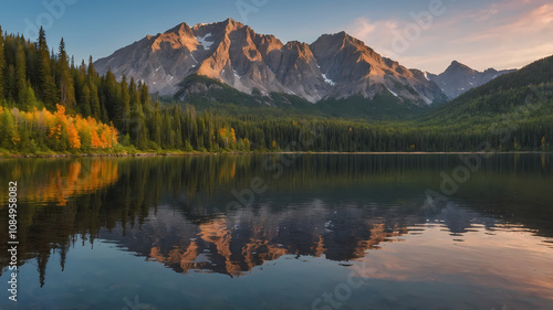 Stunning Panoramic Landscape Photograph of Majestic Mountains and Tranquil Lake at Golden Hour