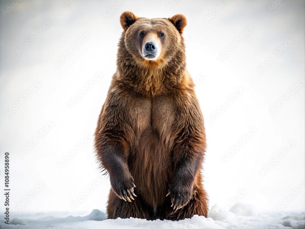 Obraz premium Powerful Majestic Bear Pose: A Big Brown Bear Standing on Hind Legs, Captured in an Impressive Wildlife Portrait Isolated on a Clean White Background for Stunning Fashion Photography