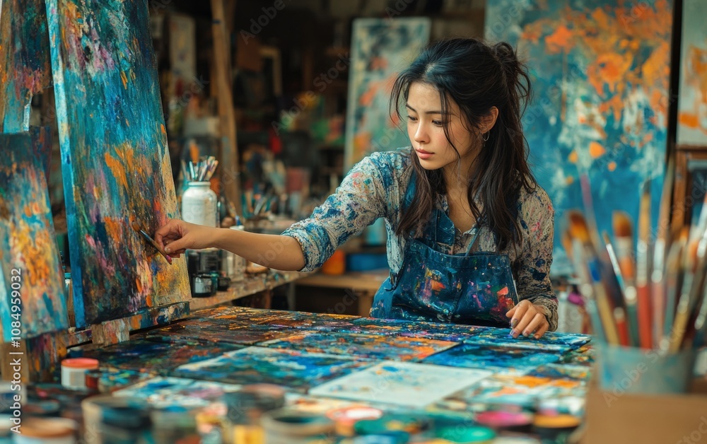 Celebrating Womens Entrepreneurship Day Female Artist in Studio Creating Vibrant Art Celebrating Womens Entrepreneurship Day Female Artist in Studio Creating Vibrant Art