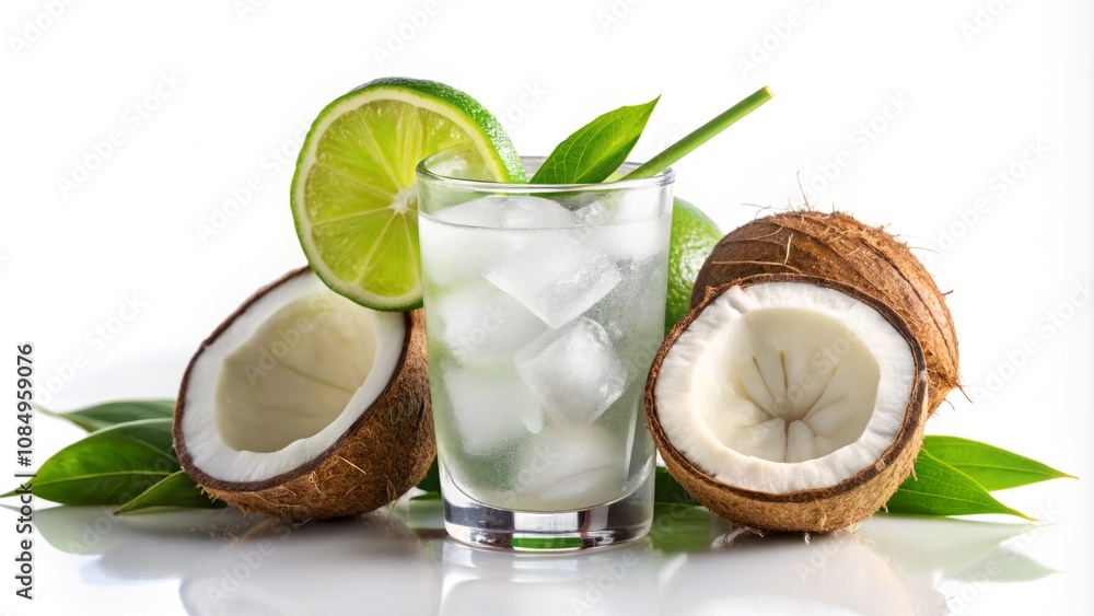 Refreshing Coconut Water Served with Ice and Lime Slice in Clear Glass, Isolated on White Background for Beverage Photography Refreshing Coconut Water Served with Ice and Lime Slice in Clear Glass, Isolated on White Background for Beverage Photography
