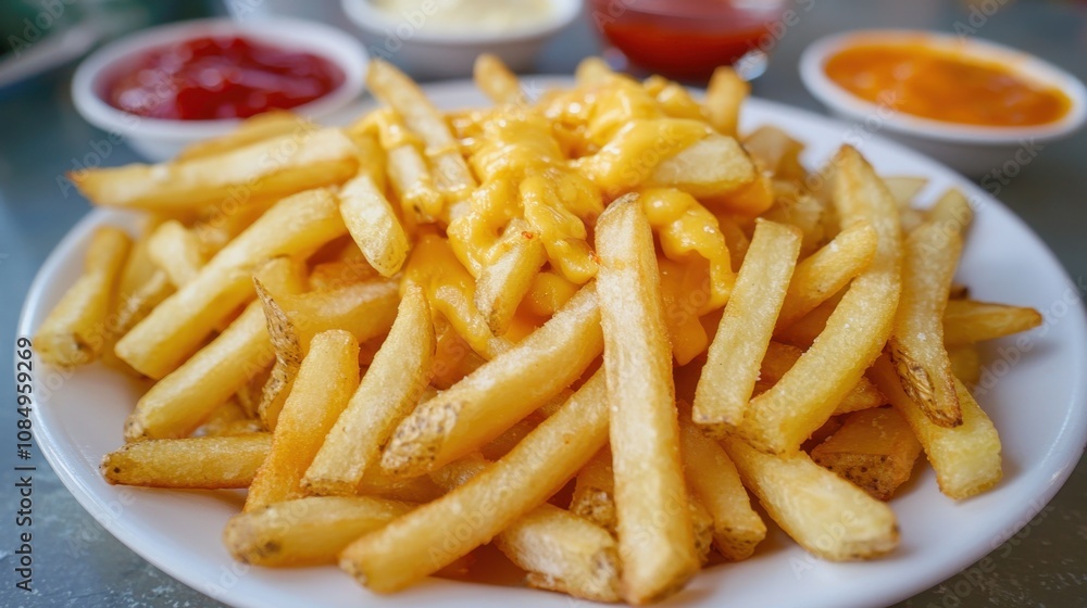 Savory golden french fries with cheddar restaurant setting food photography indoor dining close-up comfort food experience Savory golden french fries with cheddar restaurant setting food photography indoor dining close-up comfort food experience