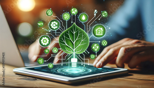 sustainability A tech icon with green energy symbols and a leaf, representing eco-friendly digital solutions photo