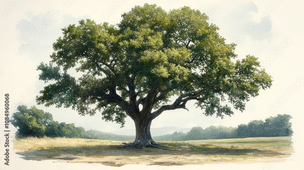 Majestic oak tree in a sun-drenched field. Majestic oak tree in a sun-drenched field.