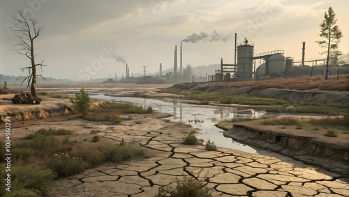 sustainabilityA landscape with overfarming and industrial waste, where toxic runoff is polluting the soil and water, causing irreversible damage to the ecosystem (3) photo