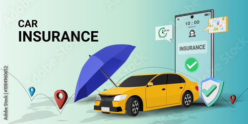 3d vector illustration of Car insurance concept. Car with umbrella and protective shield. Assurance protection, Policy Guarantee business, Safety assurance, Business Insurance, Car accident. 