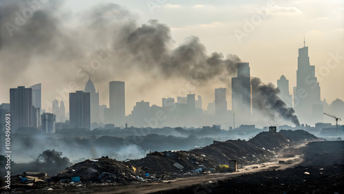 sustainabilityA city skyline overshadowed by toxic smoke and waste, symbolizing the dire consequences of pollution on urban ecosystems and the environment (2) photo