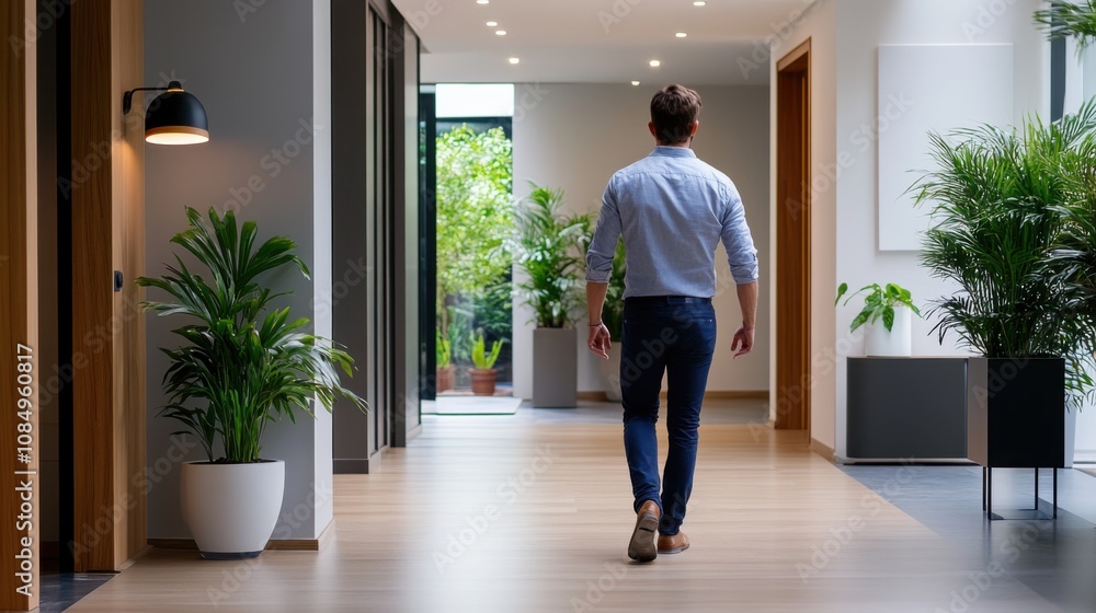 Stylish Man Walking in Modern Office Environment Stylish Man Walking in Modern Office Environment