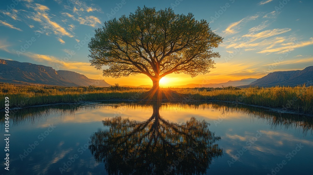 Fototapeta premium Majestic tree reflected in calm water at sunset.