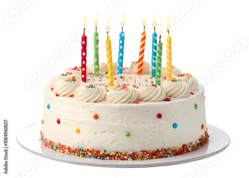 Birthday cake, white frosting, colorful candles, festive, polka dot sprinkles