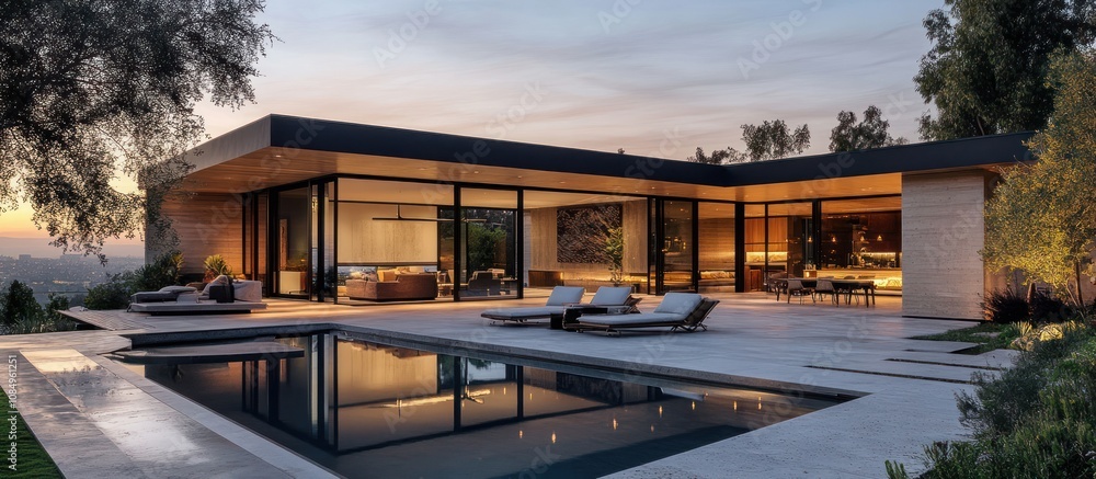 Fototapeta premium Modern house with a swimming pool and a patio.