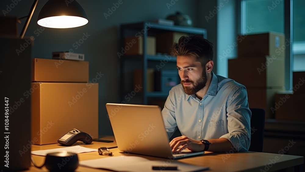 Focused Entrepreneur Working Late on Laptop in Home Office, Small Business Concept, Laptop Computer at Workplace of Start Up Focused Entrepreneur Working Late on Laptop in Home Office, Small Business Concept, Laptop Computer at Workplace of Start Up