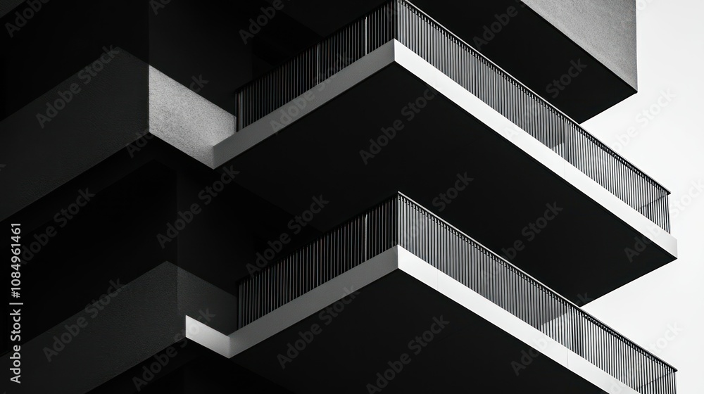A black and white photograph of a modern building with balconies A black and white photograph of a modern building with balconies
