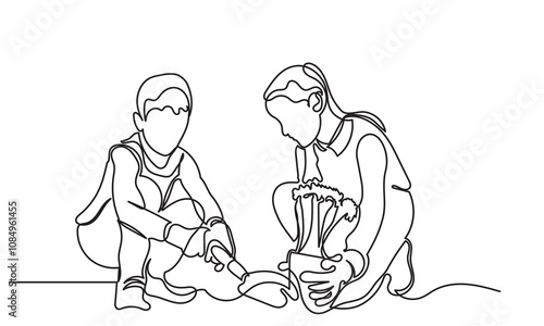 Continuous line drawing of brothers and sisters planting trees. Volunteers and Eco-friendly lifestyle concept illustrations. Take care of the environment Line art vector isolated on a white background