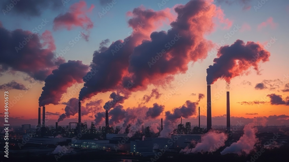 Industrial Complex at Sunset with Plumes of Smoke Industrial Complex at Sunset with Plumes of Smoke