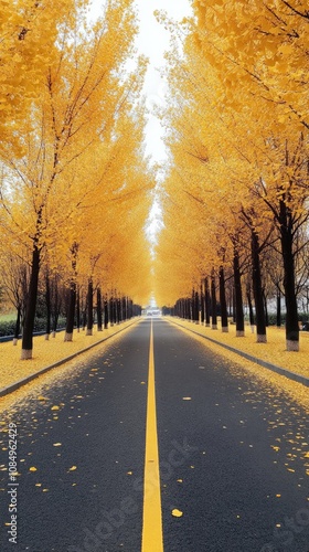 Golden Autumn Road: A Path Lined with Yellow Leaves