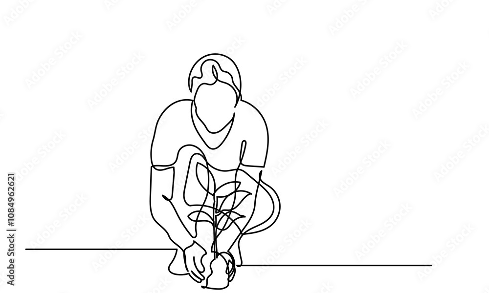 Fototapeta premium Continuous line drawing of a young girl planting tree. Volunteers and Eco-friendly lifestyle concept illustrations. Take care of the environment Line art vector isolated on a white background.