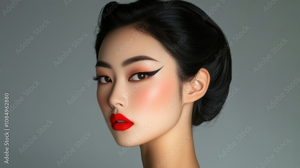 Portrait of a Young Woman with Red Lips and Black Eyeliner Portrait of a Young Woman with Red Lips and Black Eyeliner