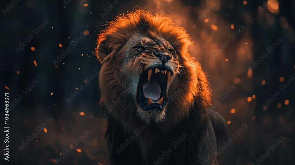 A Lion Roaring with a Golden Mane Against a Smoky Background A Lion Roaring with a Golden Mane Against a Smoky Background