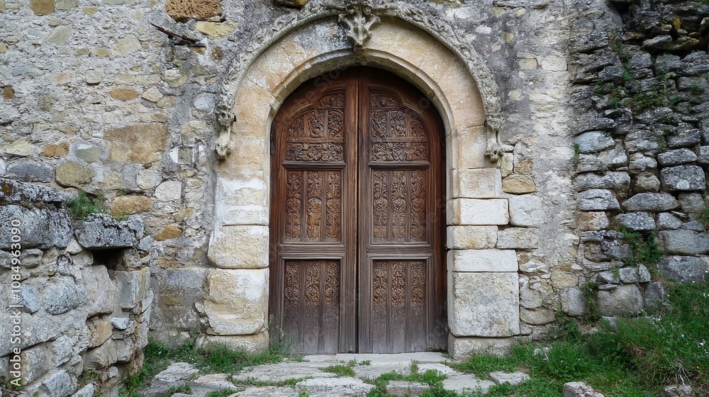 Ornate Wooden Door in Ancient Stone Wall Ornate Wooden Door in Ancient Stone Wall