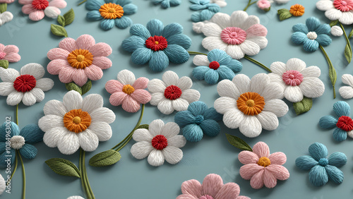 A colorful floral design made of yarn