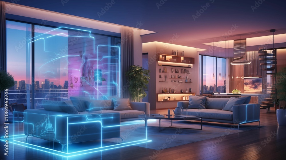 Futuristic modern smart house with hologram. Generative ai Futuristic modern smart house with hologram. Generative ai