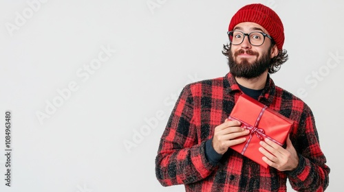 Joyful Man Holding a Gift with Vintage Style