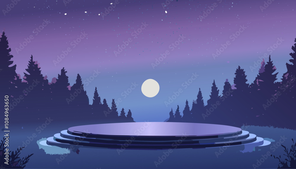 Night landscape with a round podium in the forest. Vector illustration for products presentation. Night landscape with a round podium in the forest. Vector illustration for products presentation.