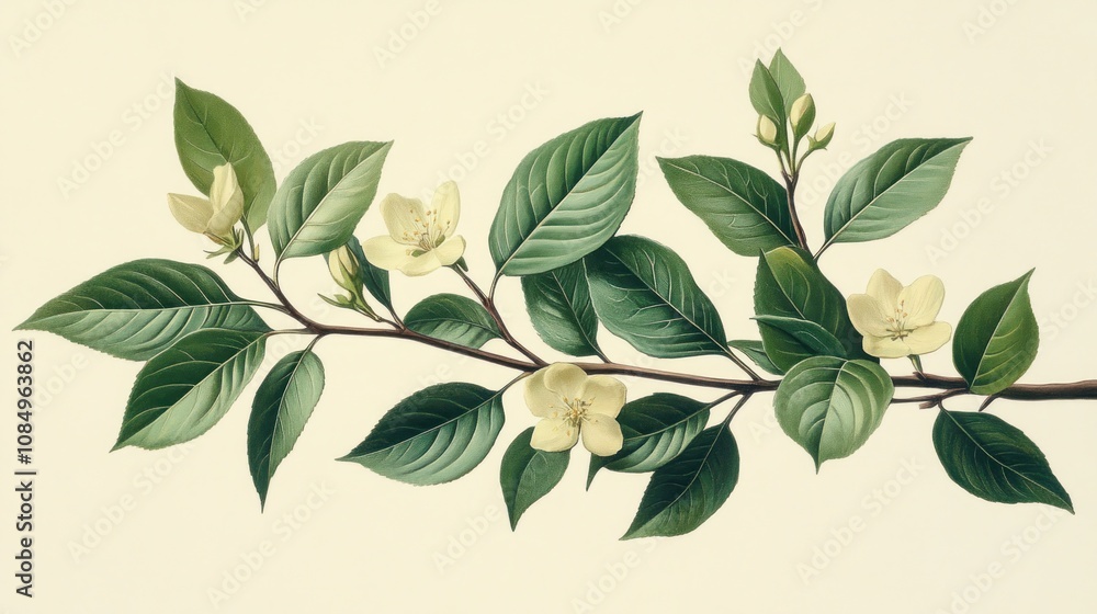 Botanical illustration of blossoming branch with creamy white flowers and vibrant green leaves. Botanical illustration of blossoming branch with creamy white flowers and vibrant green leaves.