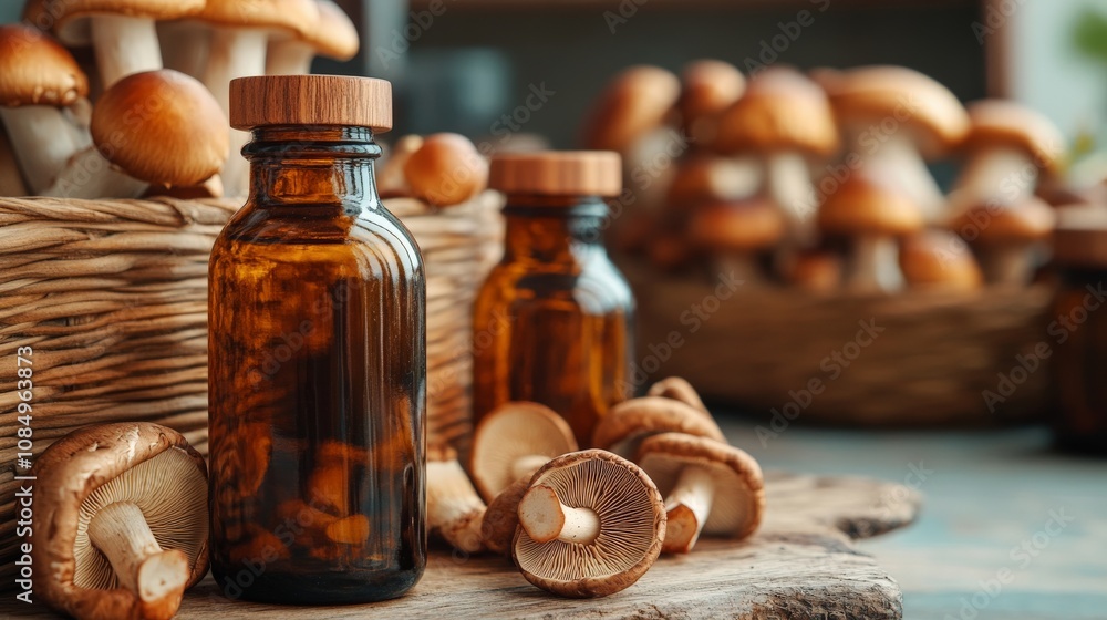 Medicinal Mushroom Tincture on Wooden Table Medicinal Mushroom Tincture on Wooden Table