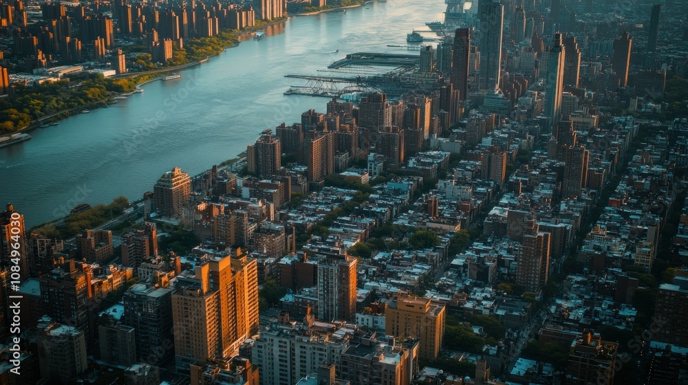 Aerial View of a Dense Urban Skyline with a River in the Background Aerial View of a Dense Urban Skyline with a River in the Background