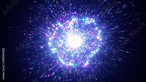 Camera zooms in on a single point as an ethereal explosion of light bursts forth, resembling a supernova. glowing particles drift outwards in cool blues and purples